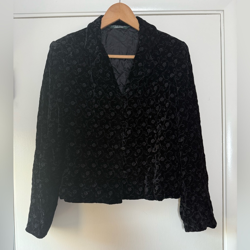 Vintage Laura Ashley Tonal Black Floral Embroidered Velvet Blazer Regency Core